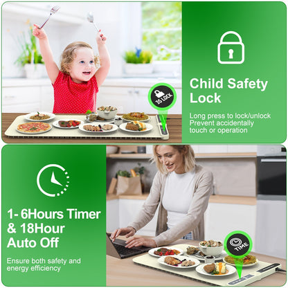 US Local 2 Size Optional Silicone Food Warming Mat With 9 Temperature Levels 6Hrs Timer Child Lock Auto Shut Off Roll-Up Electric Warming Tray For Party Buffet Gathering Daily Use 8S Fast And Even Heating