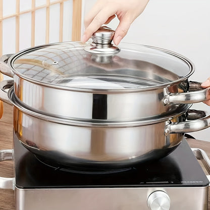 US Local High Quality Stainless Steel Steamer Set - Double-layer Thickened Design, Suitable For Induction Cookers And Gas Stoves - Perfect For Cooking And Hospitality, Durable Household Kitchen Utensils