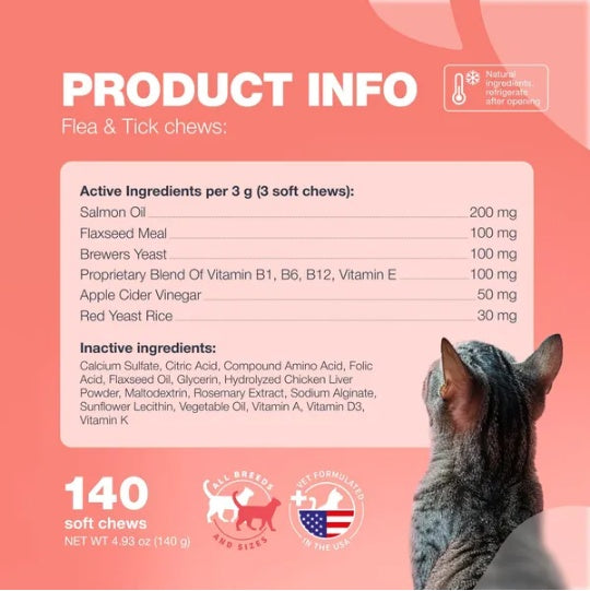 US Local Flea Support Chews For Cats Salmon Flavor Flea And Tick Supplement For Cats Daily Oral Cat Flea And Tick Treatment Chews Soft Treats For All Breeds & Ages