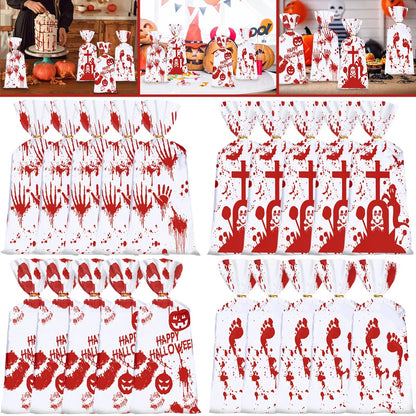 US Local 50 Pcs Halloween Cellophane Candy Bags With Twist Ties Horrific Bloody Treat Bags 4 Pattern Gift Goody Snack Sweet Bags For Halloween Murder Theme Party Snacks Cookies Gift Wrapping Supplies