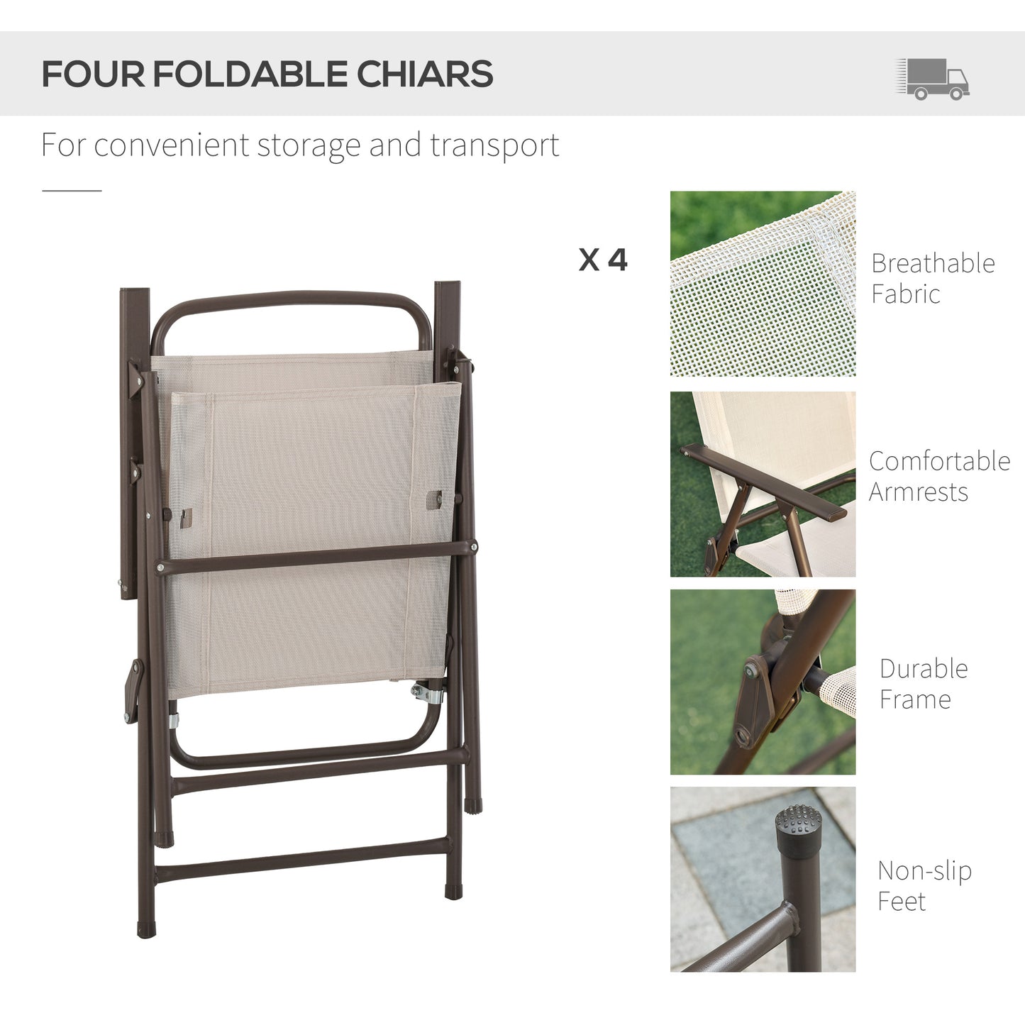 US Local 6-Piece Patio Dining Set With Umbrella, Folding Chairs & Glass Table, Beige - Outdoor Meal Setup