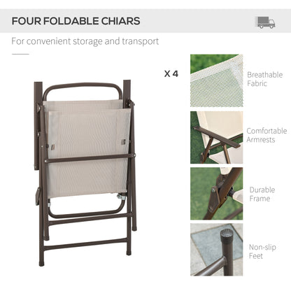 US Local 6-Piece Patio Dining Set With Umbrella, Folding Chairs & Glass Table, Beige - Outdoor Meal Setup