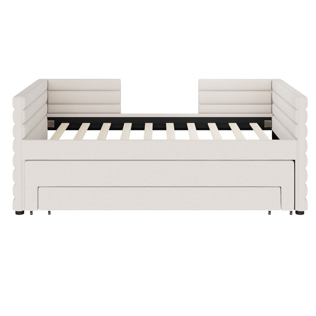 US Local Twin Size Upholstered Daybed With Trundle And 3 Storage Drawers, Chenille Fabric Sofa Bed For Guest Room, Living Room, Space-Saving Modern Day Bed Frame, No Box Spring Needed