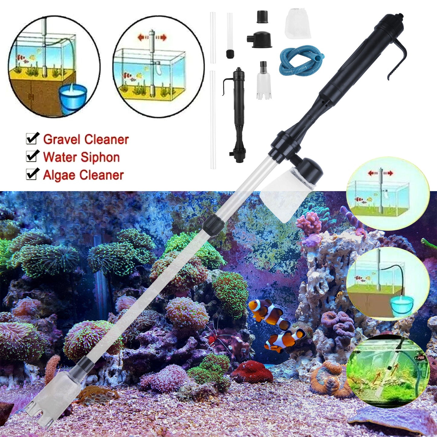 US Local Battery-Operated Aquarium Vacuum Gravel Cleaner