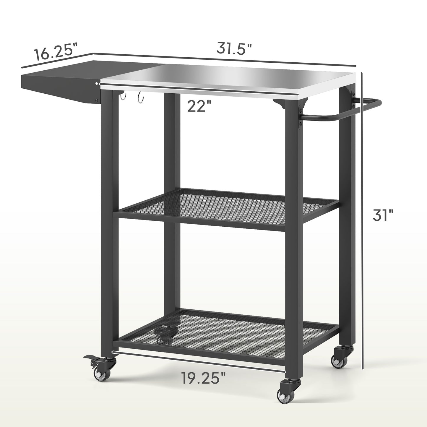 US Local Three-Shelf Outdoor Grill Cart Table With Foldable Side Table, Stainless Steel Top Pizza Oven Stand With Hooks, Silver