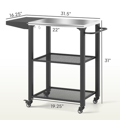 US Local Three-Shelf Outdoor Grill Cart Table With Foldable Side Table, Stainless Steel Top Pizza Oven Stand With Hooks, Silver