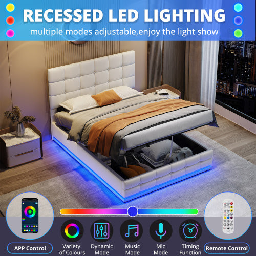 UK Local Ottoman Double Bed With LED Lighting, PU Leather Upholstered Bed With Hydraulic Storage, 4ft6 Double Bed Frame With Adjustable Button Tufted Headboard, Cream White No Mattress