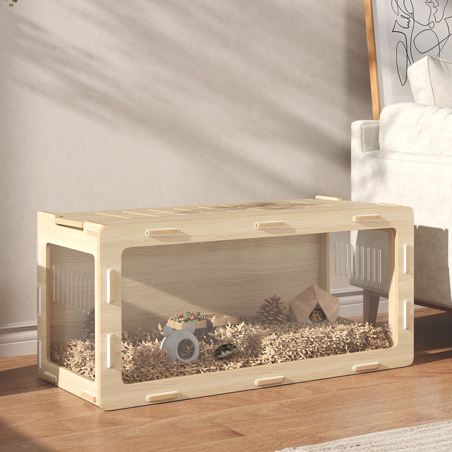 US Local Hamster Cage With Easy View Acrylic Panels, Air Vents & Openable Roof, For Gerbil, Guinea Pig, 39 X 20 X 18.5, Oak
