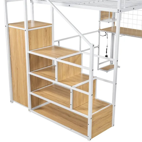US Local Full Size Metal Loft Bed With Built-in Work Station, Wardrobe, Storage Staircase And LED, White