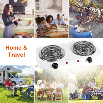 US Local 2 Color Options -- 1Pc 2000W Electric Double Burner Portable Coil Heating Hot Plate Stove Countertop RV Hotplate With Non Slip Rubber Feet 5 Temperature Adjustments