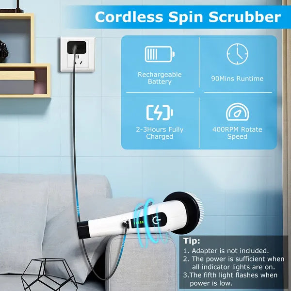 US Local Electric Spin Scrubber Cordless Cleaning Brush Extendable With 8 Replaceable Heads 2 Speed Adjustable Extension Arm Bathroom Tub Tile Floor