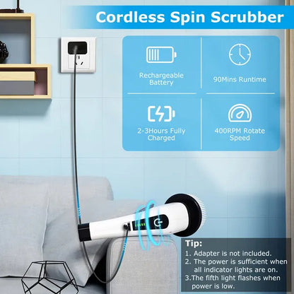 US Local Electric Spin Scrubber Cordless Cleaning Brush Extendable With 8 Replaceable Heads 2 Speed Adjustable Extension Arm Bathroom Tub Tile Floor