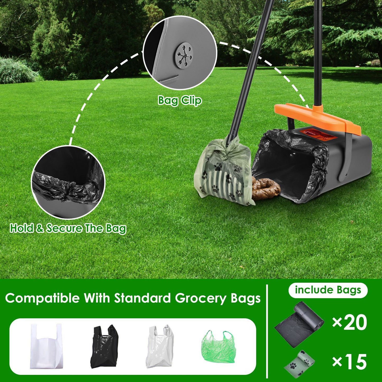 US Local 1Set Pooper Scooper Kit Dog Poop Rake & Swiveling Bin Poop Heavy Duty Pick Up Tool With Extra Long Handle 35 Waste Bags Dispenser