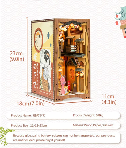 US Local CuteBee Handmade Craft Japanese Theme Sakura Theme Diy Book Nook With Light Night Light Model Dollhouse