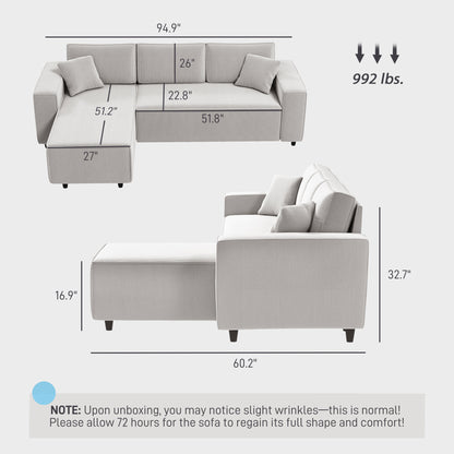 US Local Corner Sofa With Reversible Chaise Lounge, Corduroy L-Shaped Sectional Sofa With Pocket Spring, Light Gray