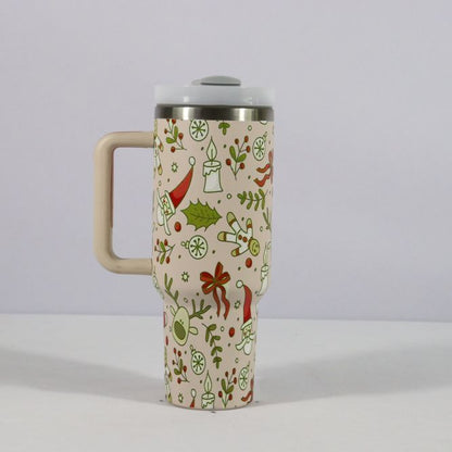 Christmas Pattern Mug With Handle Lid Straw Drinkware Stainless Steel Vacuum Tumbler Large Capacity Car Travel Coffee Cup