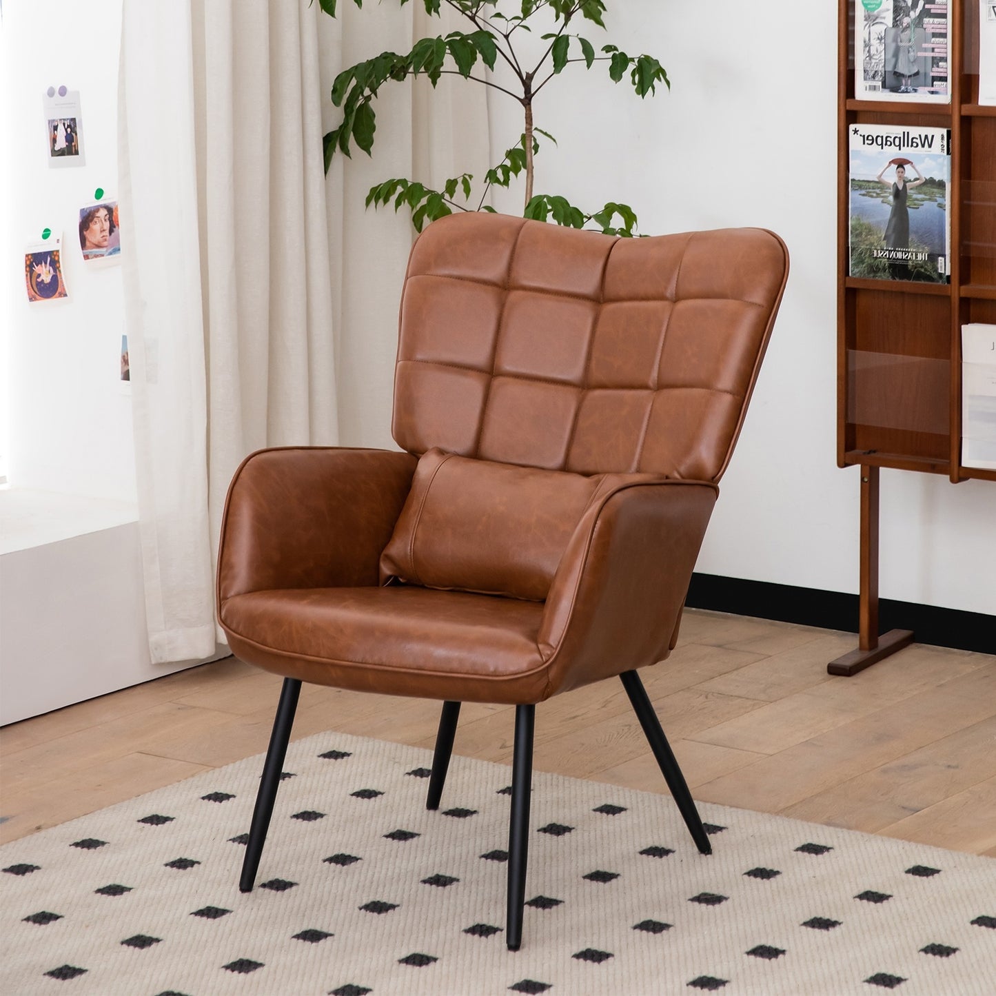 US Local Bonded Leather Armchair, Modern High Back Accent Chair With Metal Legs