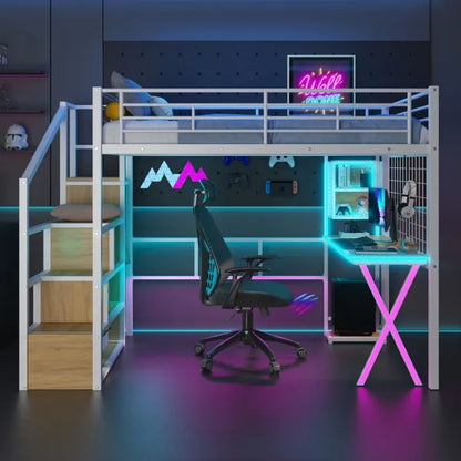 US Local Full Size Metal Loft Bed With Built-in Work Station, Wardrobe, Storage Staircase And LED, White