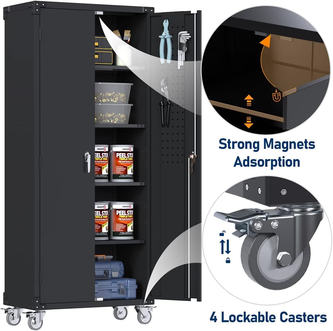 US Local Garage Storage Cabinet With Wheels & Pegboard, H Locking Metal Storage Cabinet With Doors And 4 Adjustable Shelves For Garage Workshop Home, Assembly Required, Black