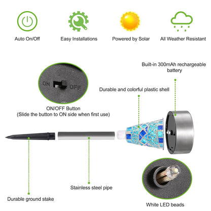 6Packs Mosaic Solar Pathway Lights IP44 Waterproof For Yard Driveway Walkway