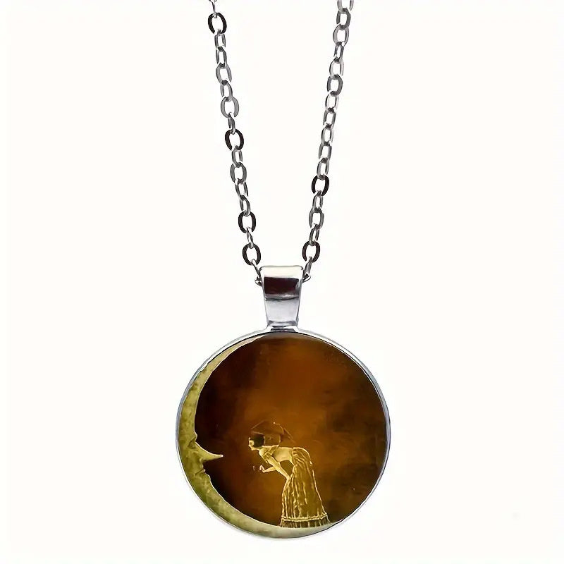 Retro Mysterious Moon Girl Glass Pendant Time Gem Cabochon Necklace