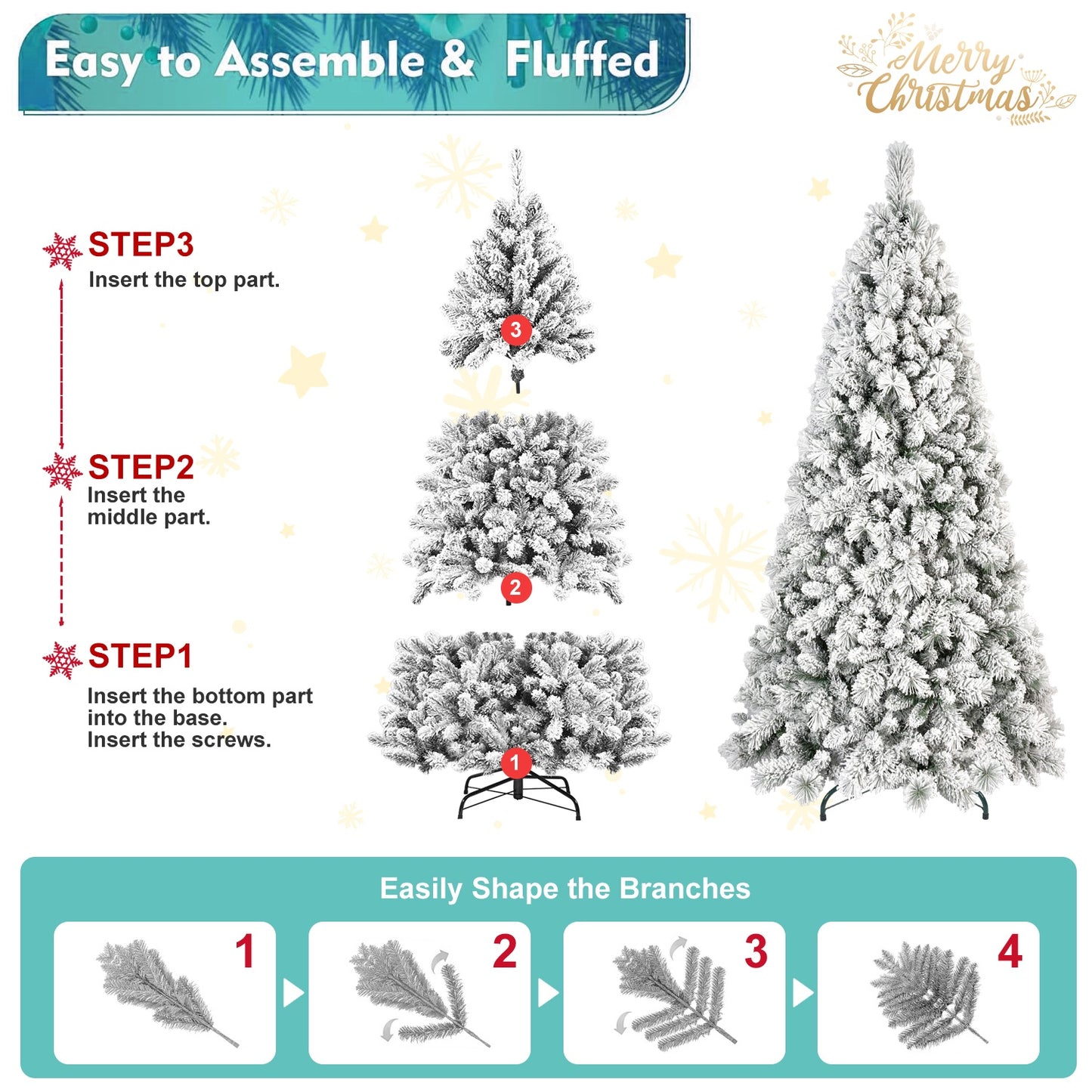 US Local 6 ft Velvet Christmas Tree With 350 Warm White LED Lights - 752 Tips, Snowy PVC And Hard Needle Branches, Hinged Design For Easy Setup