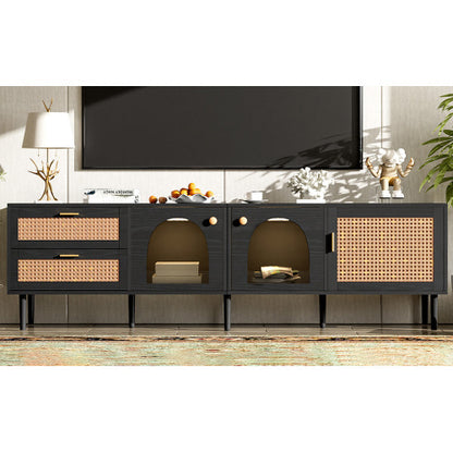 US Local Rattan TV Stand With 3 Cabinets & 2 Drawers, Rattan-inspired Media Console Table For TVs Up To 80'', LED Light Entertainment Center, TV Cabinet For Living Room, Bedroom, Home Theatre
