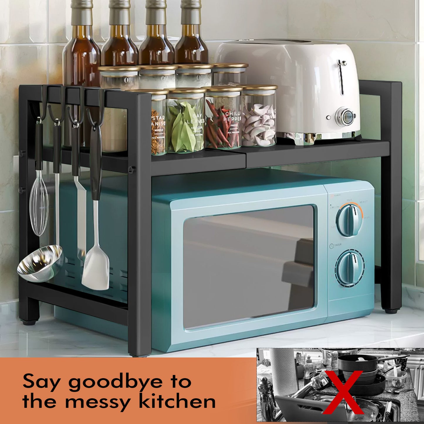 UK Local Black Single-layer Double Bar With 6 Hooks And Extendable Kitchen Storage Rack