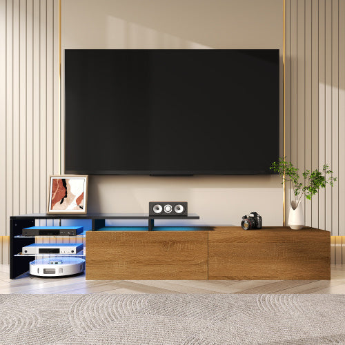 UK Local Modern TV Cabinet Design Stylish And Elegant, Practical Storage Space, Black And Wood Look, Glass Shelves, LED Lighting