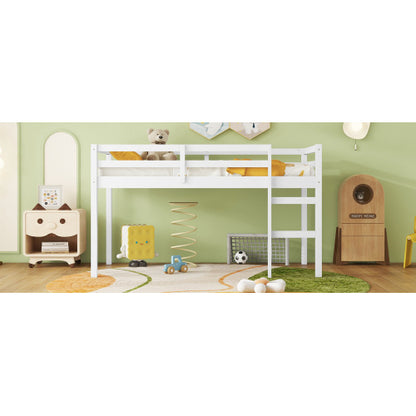 US Local Solid Wooden, Rubber Wooden Twin Loft Bed With Ladder, Bed Platform Of Strengthened Slats , White