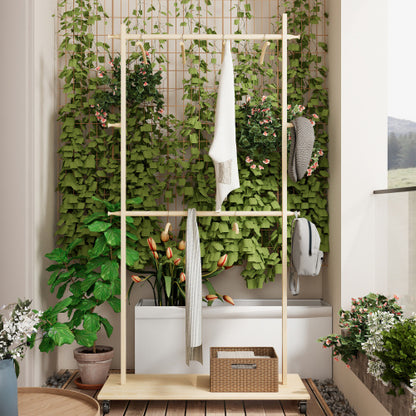 US Local Solid Wood Garment Clothes Rack With 6 Wooden Hangers, Space-Saving Design, Adjustable Shelf, And Wheels For Easy Mobility Perfect For Bedroom, Living Room, Or Entryway