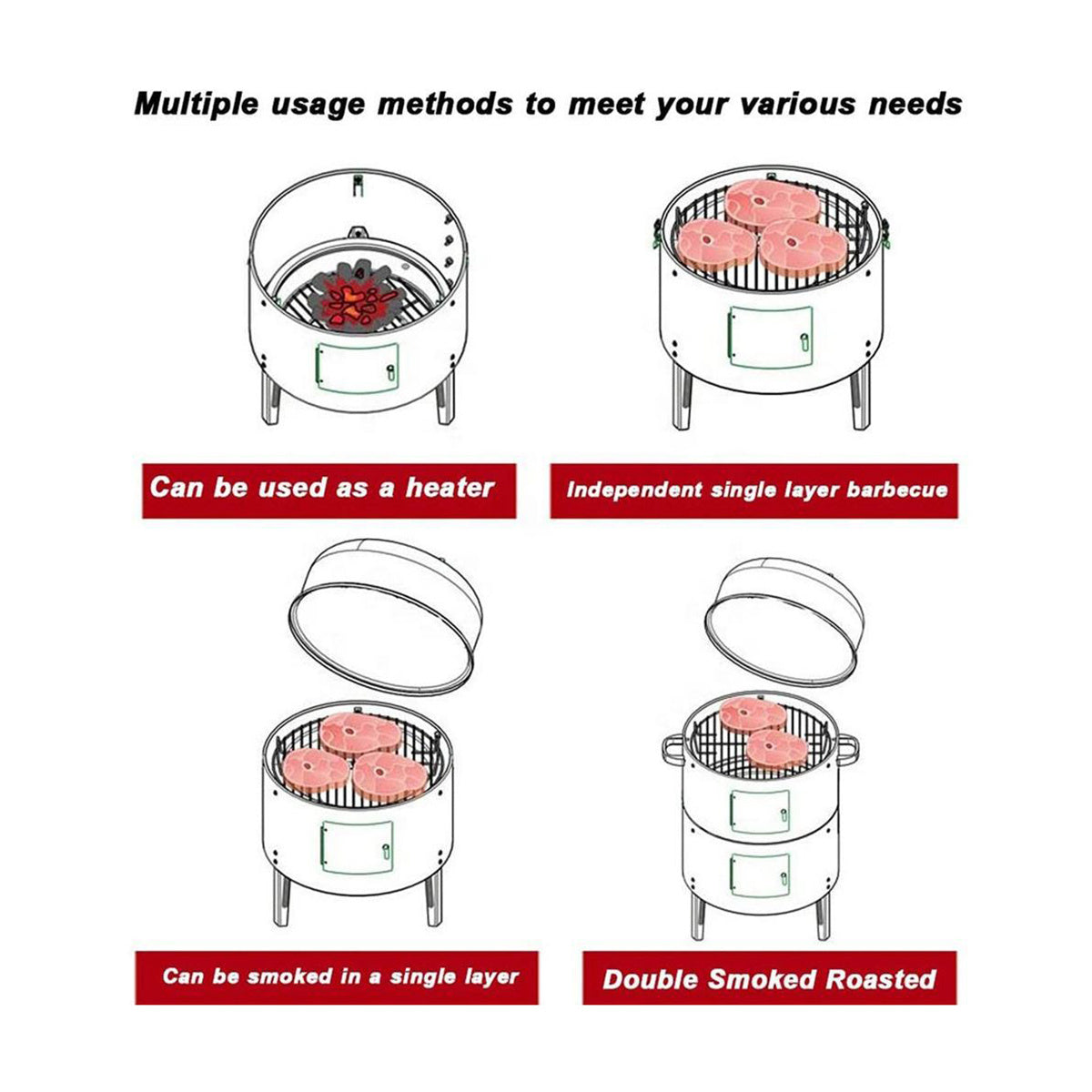 Double Layer Smokeless BBQ Grill & Braising Oven - Vertical Charcoal Smoker For Effortless, Healthy Outdoor Cooking With Minimal Grease Smoke