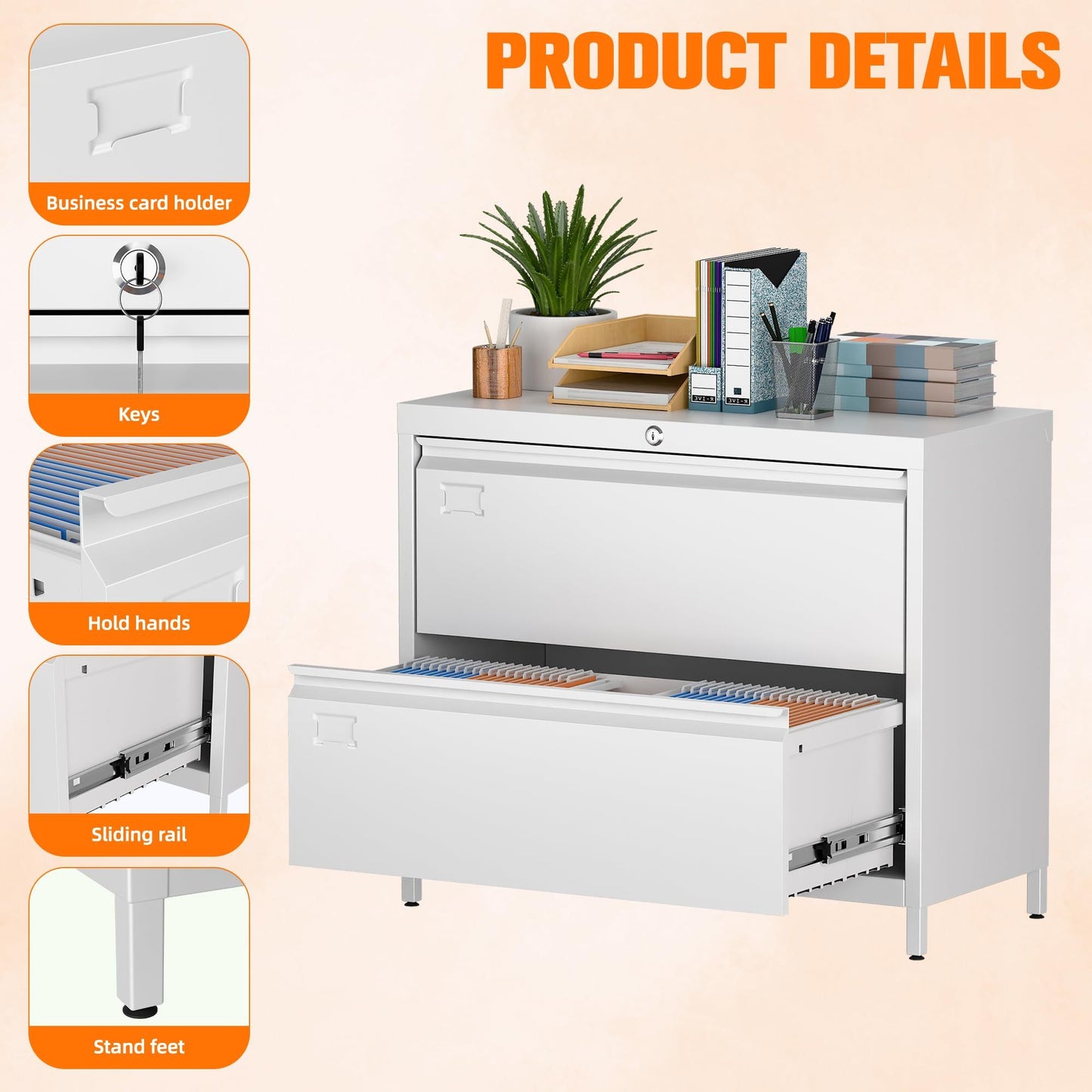 US Local Metal Lateral File Cabinet, 2 Drawers Lateral Filing Cabinet, Office Wide Storage File Cabinet For Letter,Legal,A4 Size, Assembly Required