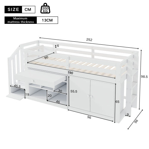 UK Local Multifunctional Wooden Children's Bed With Stairs And Storage Space, Stairs  Cabinets Interchangeable On The Left And Right, Drawers Reversible And Usable As A Desk, Without Mattress, 90x190, White