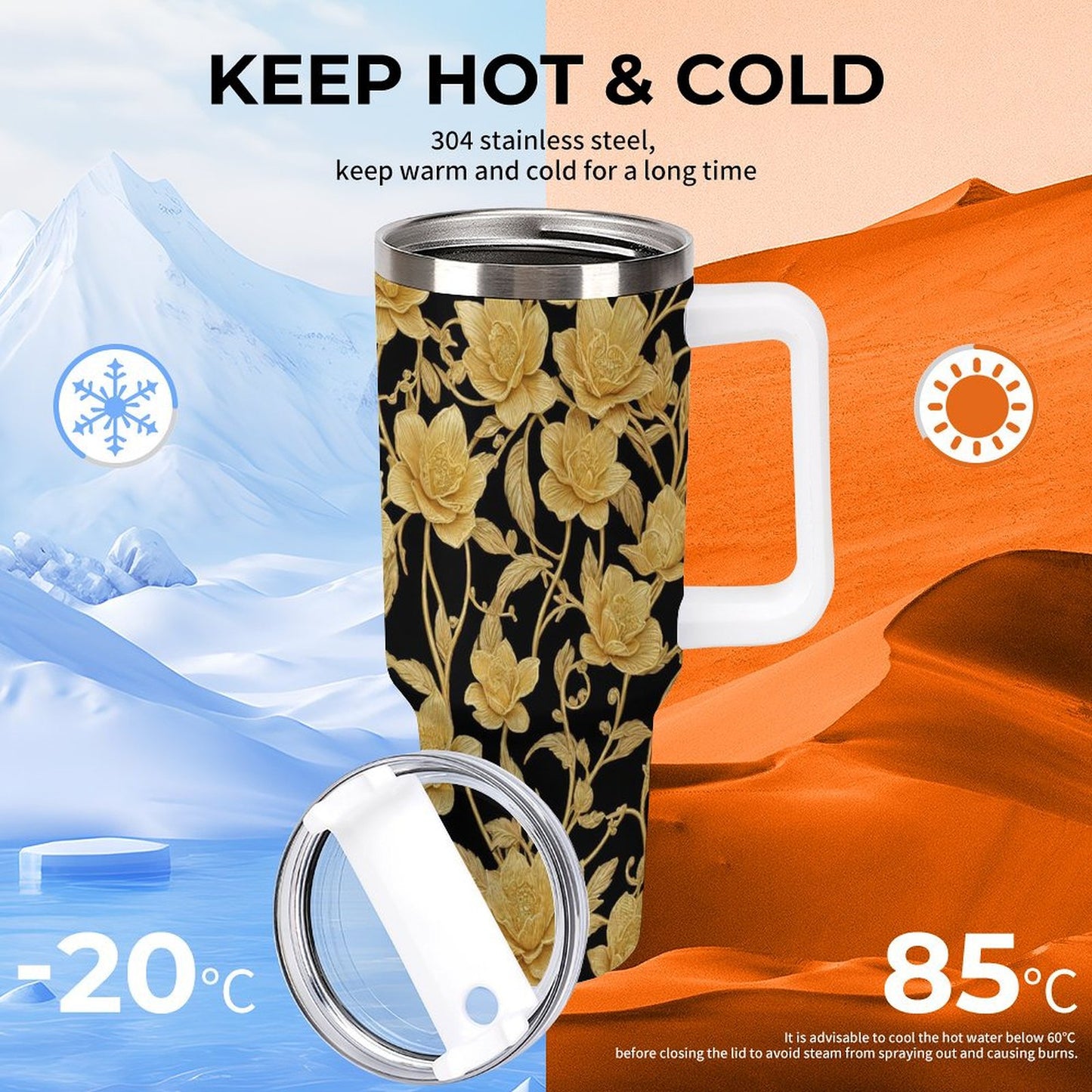 PHDT00033 POD US Local Tumbler 40 oz Large Capacity Car Cup Gold, Flowers