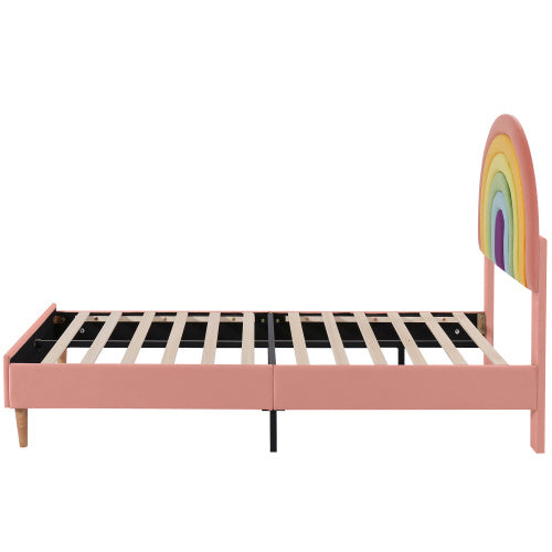 UK Local Upholstered Bed 135x190, With Slatted Frame And Headboard, Youth Bed, For Adults & Teenagers, Wooden Slat Support, Easy Assembly, Height-adjustable Headboard, Velvet, Pink