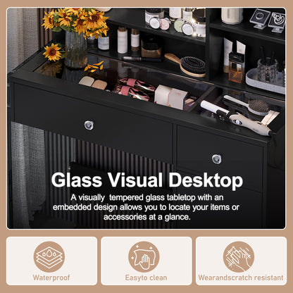 US Local Vanity Desk With Mirror And 3 Lighting Modes, Makeup Vanity With Glass Top And Storage Shelves, Dressing Table With 2 Drawers And Cabinet