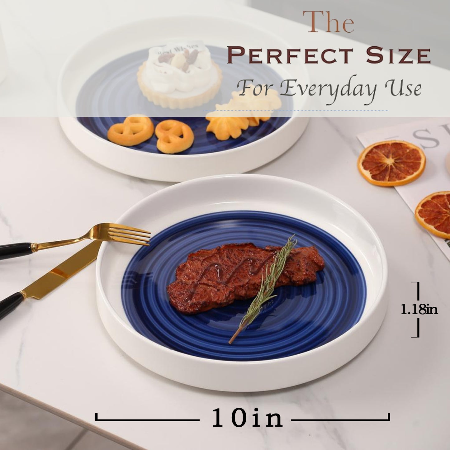 US Local White-Blue Ceramic Dinner Plates Set of 2 - Microwavable Plates for Heating Food Stylish Dinner Plates Dishwasher Safe Ceramic Plates