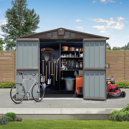 US Local Outdoor Storage Shed 8.2' X 6.2', Metal Steel Utility Tool Shed Storage House With Double Lockable Doors &Air Vents For Backyard Patio Garden Lawn Brown