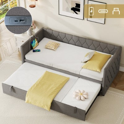 UK Local Upholstered Daybed, Sofa Bed With Charging Station, 3ft Single Button-tufted Bed With USB And Type - C Ports, Pull Out Trundle Bed For Living Room Bedroom Study Room, Linen, Grey No Mattress