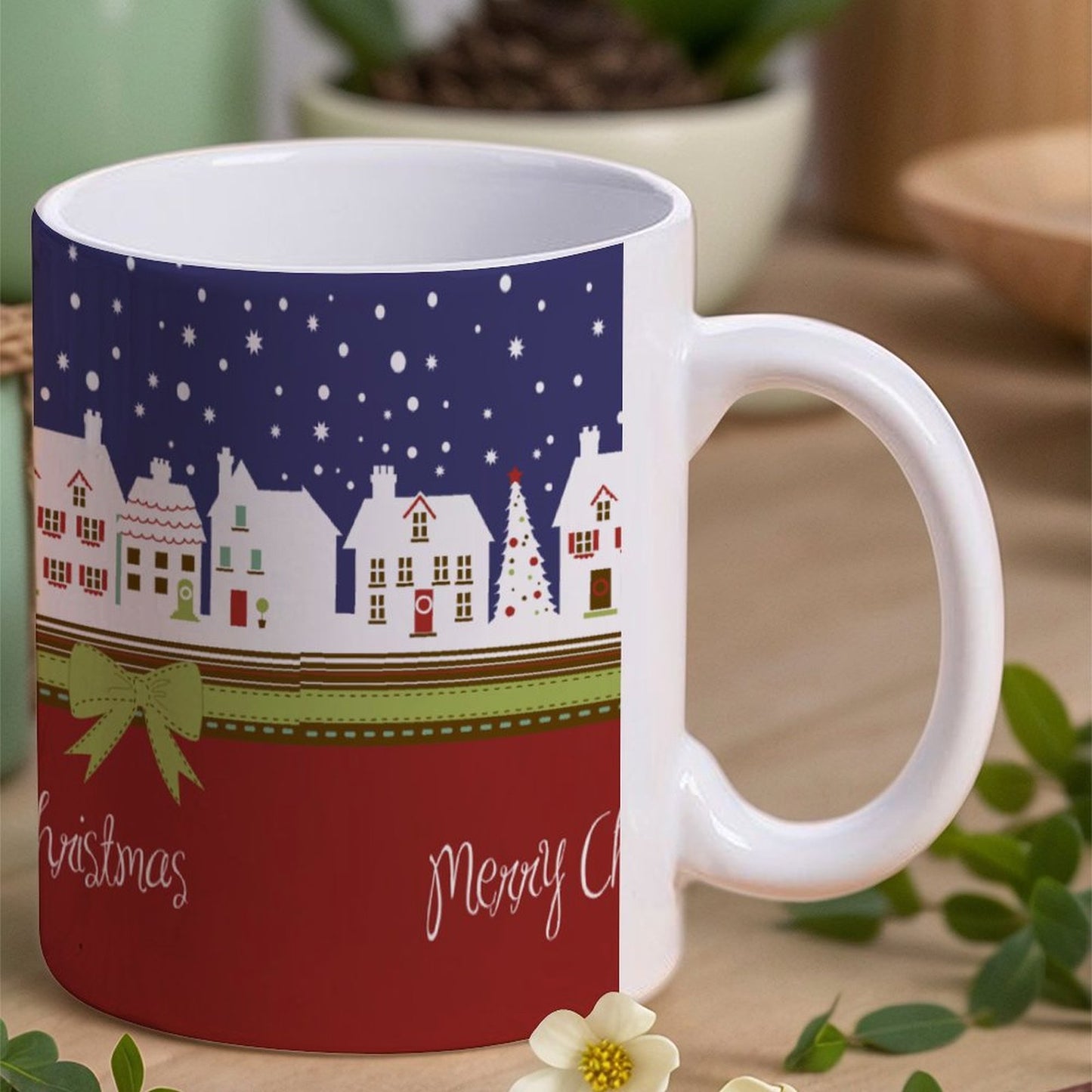 POD US Local White mug with full print, Christmas, Snow, House 0036