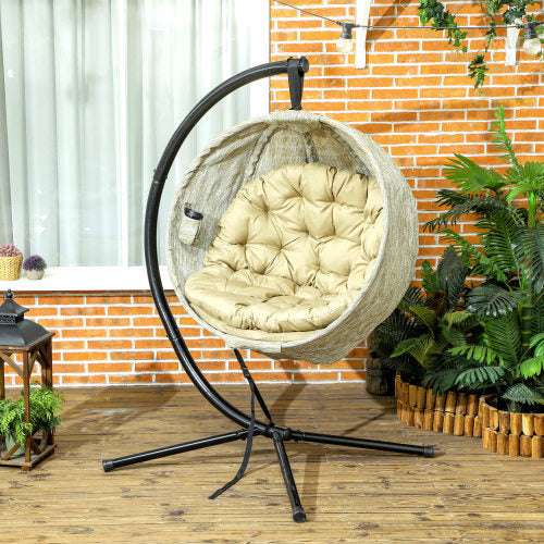 UK Local Outsunny Hanging Egg Chair Outdoor Indoor Garden Swing Chair With Folding Basket, Garden Hanging Chair With Stand, Thickened Cushion, Cup Holder For Patio, Balcony