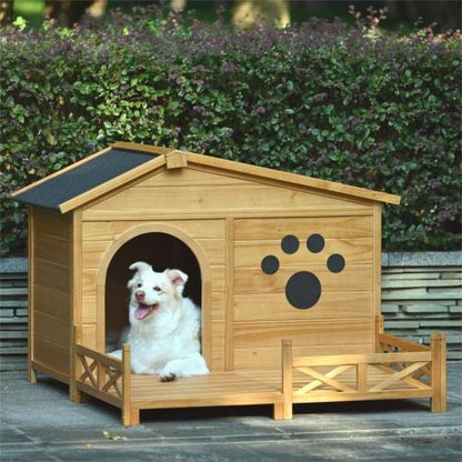 US Local 48 Wooden Dog House Outdoor With Porch, Dog Kennel With Water-Resistant Asphalt Roof And Fencing,Indoor & Outdoor Dog Crate With Paw Print, Medium, Nature