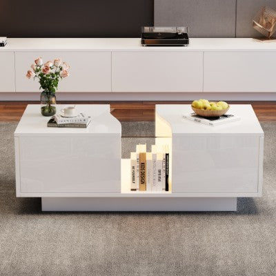 UK Local Led Coffee Table With 2 Drawer Storage, High Gloss Coffee Table For Living Room Unique Shape Centre Table With 16-Color Led Lights,End Table For Home Office Furniture, White