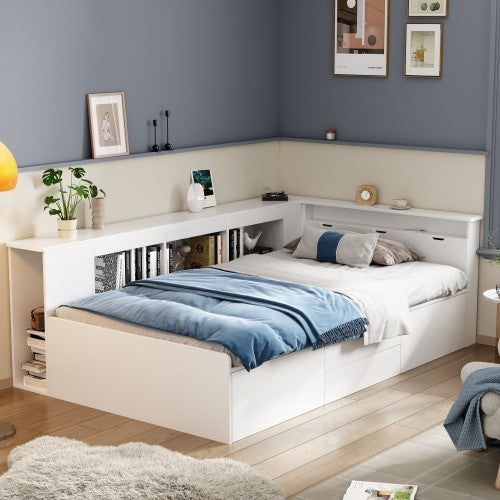 UK Local Children's Bed, Single Bed-3ft90x190cm, Single Bed, Multifunctional Children's Bed With Drawers, Bookcase And Storage Cupboard, Bed Box With Storage Space, Without Mattress, White