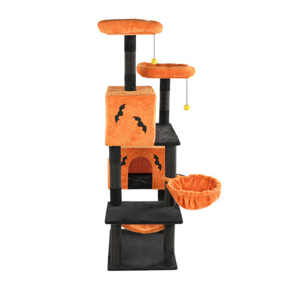US Local Halloween Cat Tree, Large Cat Tower With 2 Spacious Cat Condos, 2 Padded Perches, 2 Hammocks, Scratching Posts, Hanging Toy, Multi-Level Cat Activities Furniture For Large Cats, Orange & Black