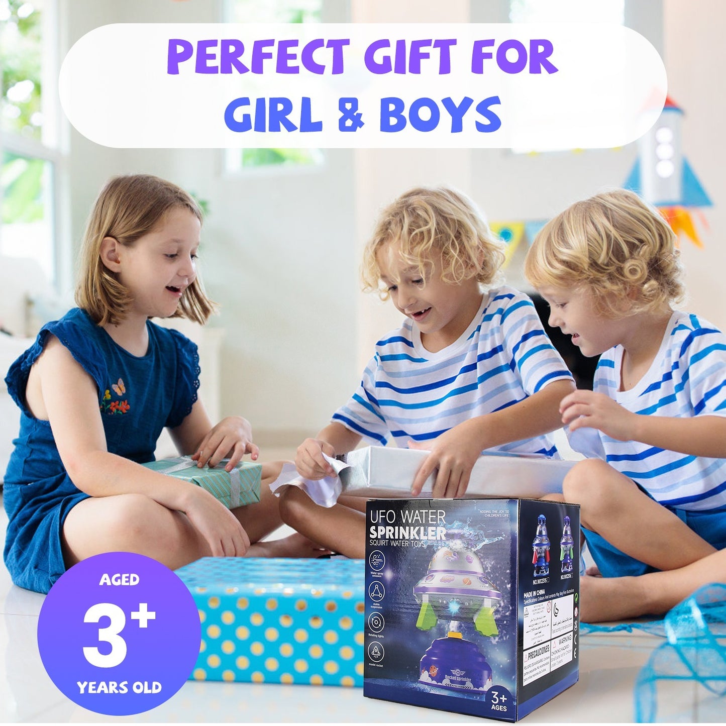 US Local 1Set UFO Water Sprinkler Outdoor Summer Rocket Toy With Colorful LED Lights 360Degree Spinning 1.64FT To 6.56FT Adjustable Height Birthday Summer Gift For Girls Boys Aged 3 Years Old