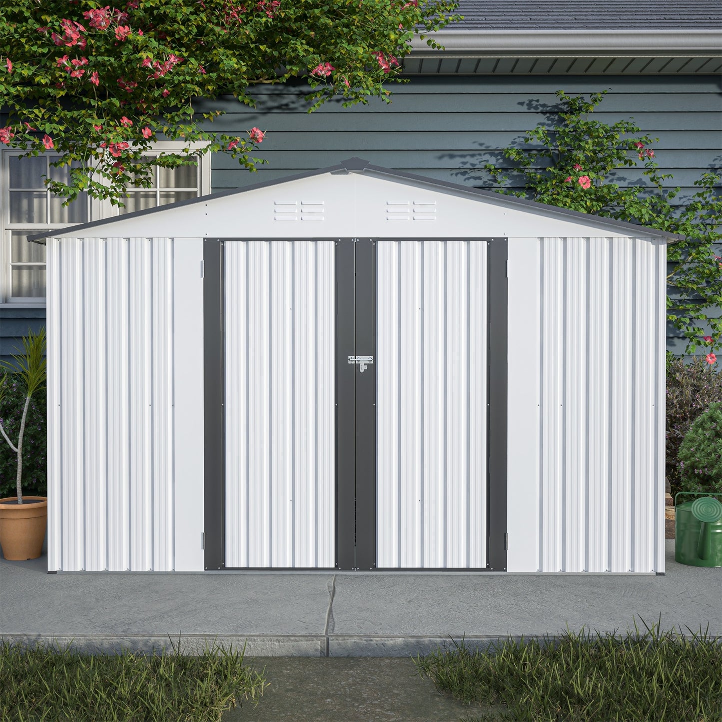 US Local 10X8 FT Outdoor Storage Shed, All Weather Metal Sheds With Metal Foundation & Lockable Doors, Tool S