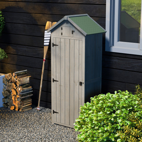 UK Local Outsunny Wooden Garden Shed, Utility Outdoor Small Shed With Lockable Double Doors, Shelves And Roof Hatch, Grey