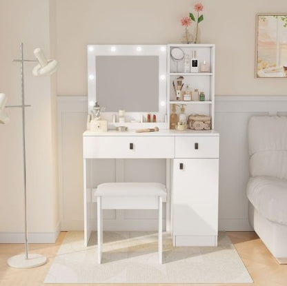 US Local Vanity Desk With Lights, Vanity Set With Mirror, Makeup Vanity Desk With Large Drawers  Three Level Storage Dreeser, VanitysVanities With 3 Lights Brightness Adjustable For Bedroom, White